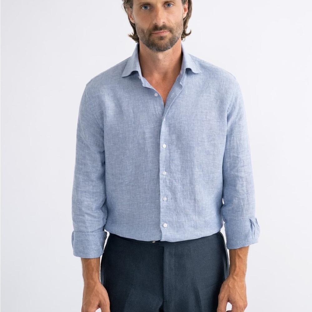 Proper Cloth Linen Dress Shirt Chambray Blue Size Large Beach Coastal